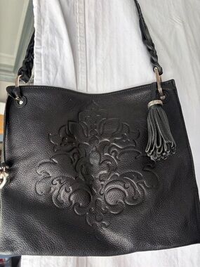 Brighton Embossed Black Leather Shoulder Bag with Tassel